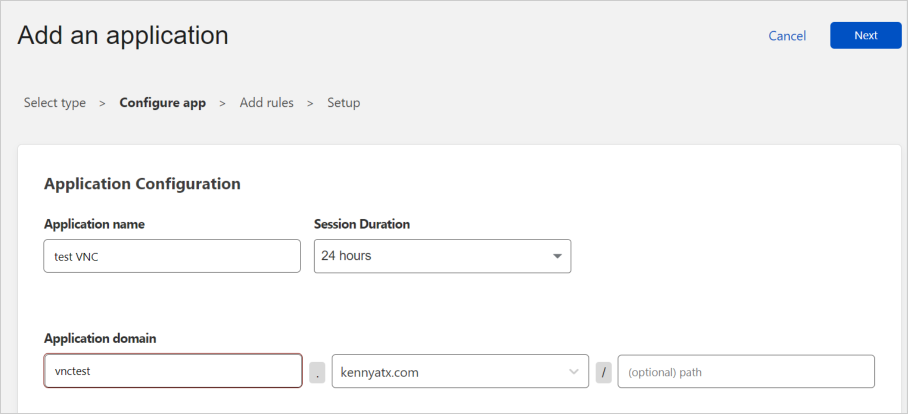 Example domain name input for VNC application